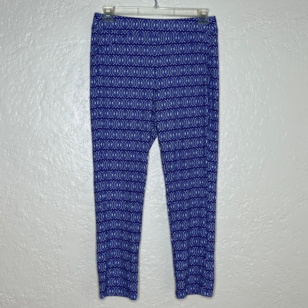 Chico's Travelers Women's Blue White Printed Crepe Pull-On Ankle Pants Size 10 R